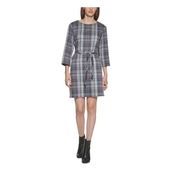 NWT CALVIN KLEIN Womens Gray Unlined Pullover Plaid 3/4 Sleeve Short Dress 14 - Picture 1 of 5